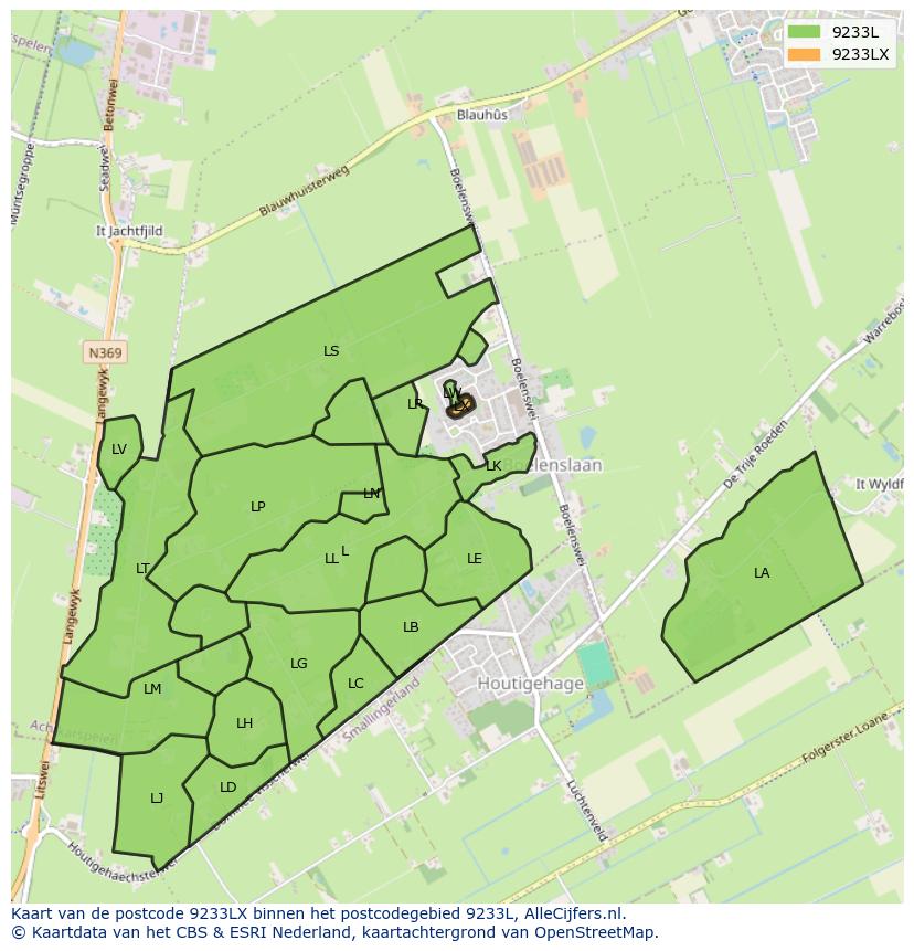 Afbeelding van het postcodegebied 9233 LX op de kaart.