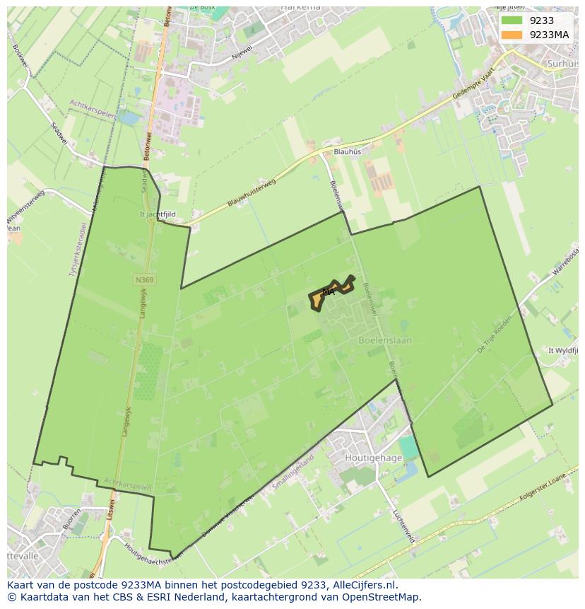 Afbeelding van het postcodegebied 9233 MA op de kaart.