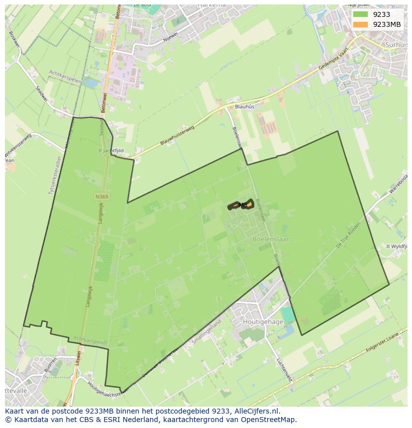 Afbeelding van het postcodegebied 9233 MB op de kaart.