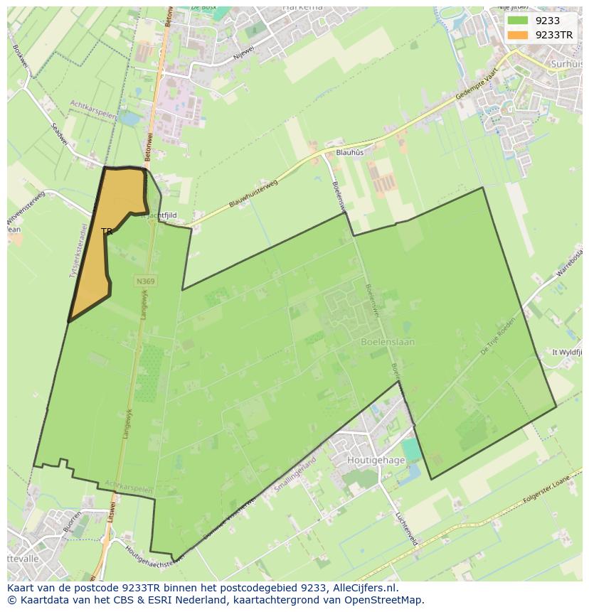 Afbeelding van het postcodegebied 9233 TR op de kaart.