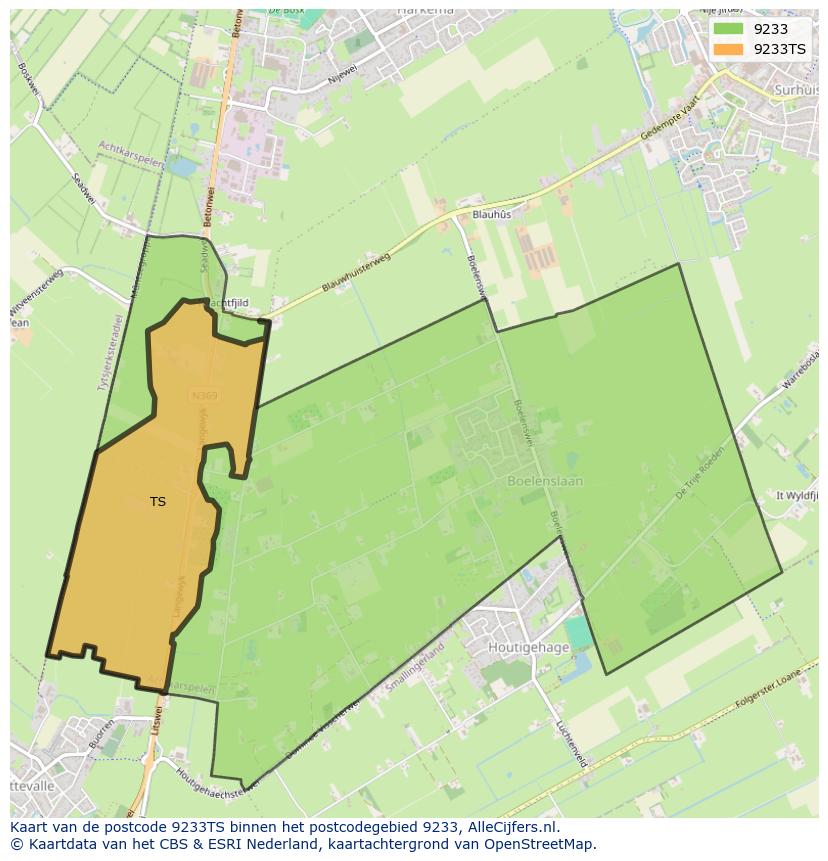 Afbeelding van het postcodegebied 9233 TS op de kaart.