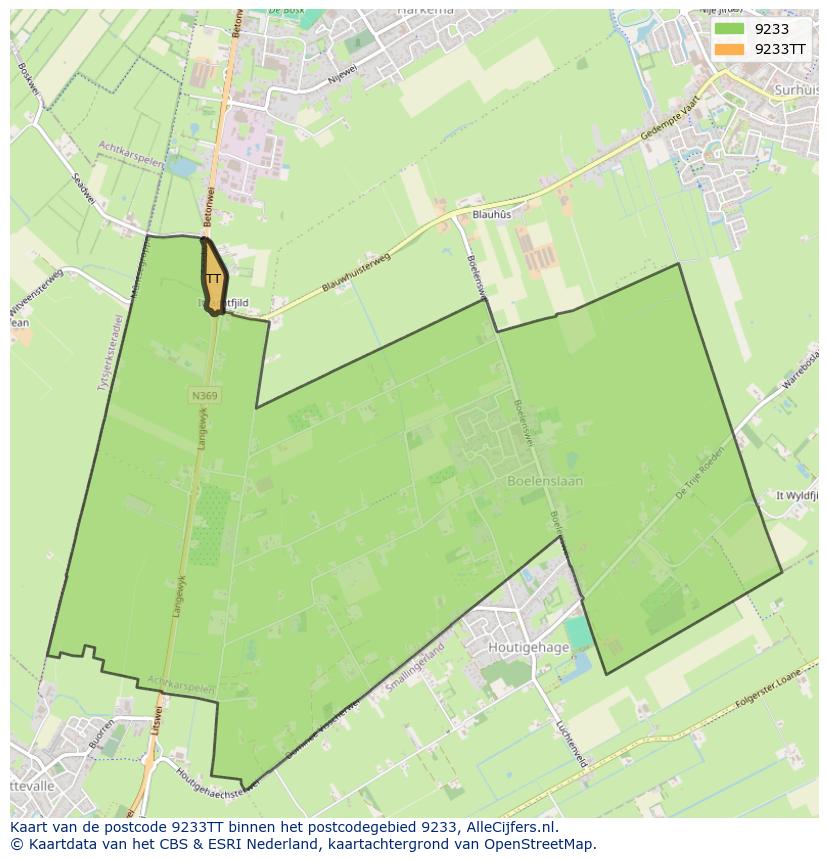 Afbeelding van het postcodegebied 9233 TT op de kaart.
