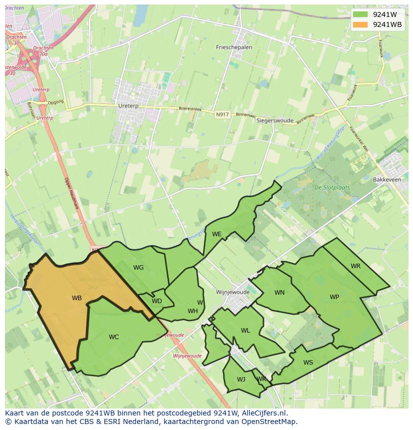Afbeelding van het postcodegebied 9241 WB op de kaart.