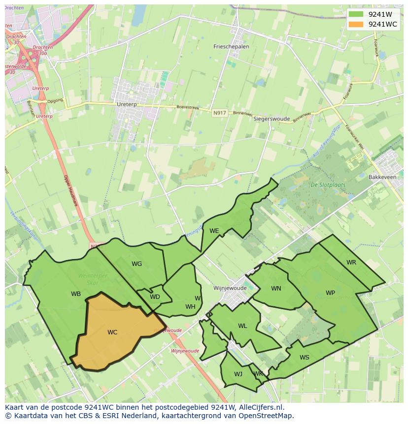 Afbeelding van het postcodegebied 9241 WC op de kaart.