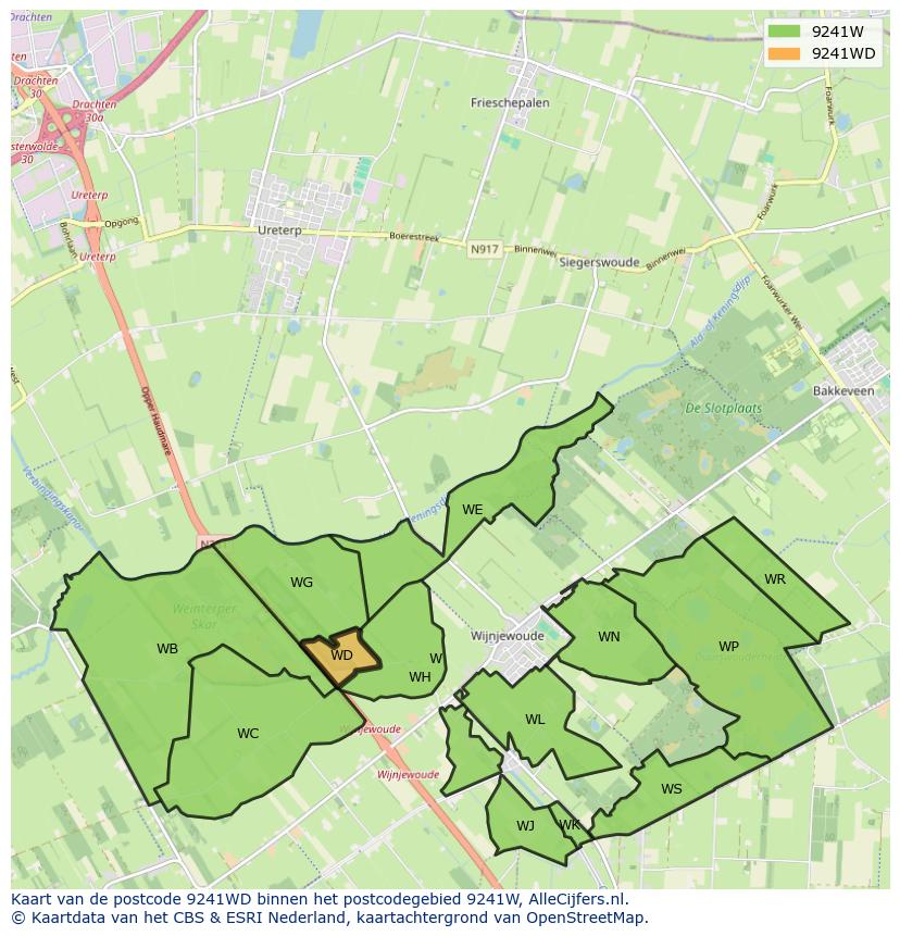 Afbeelding van het postcodegebied 9241 WD op de kaart.