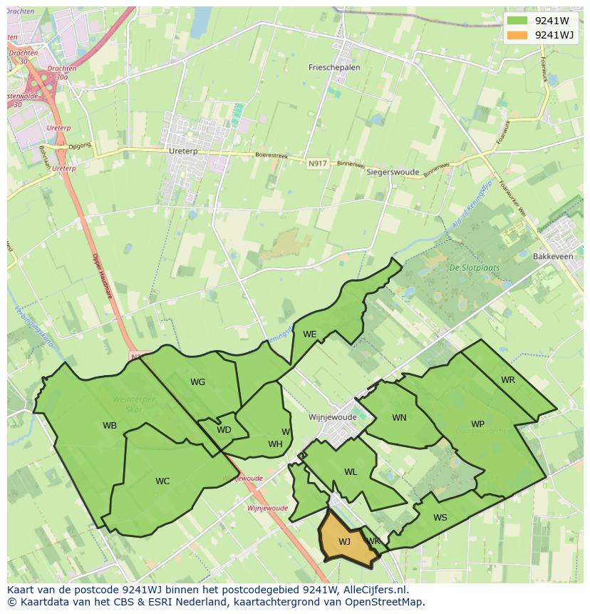 Afbeelding van het postcodegebied 9241 WJ op de kaart.