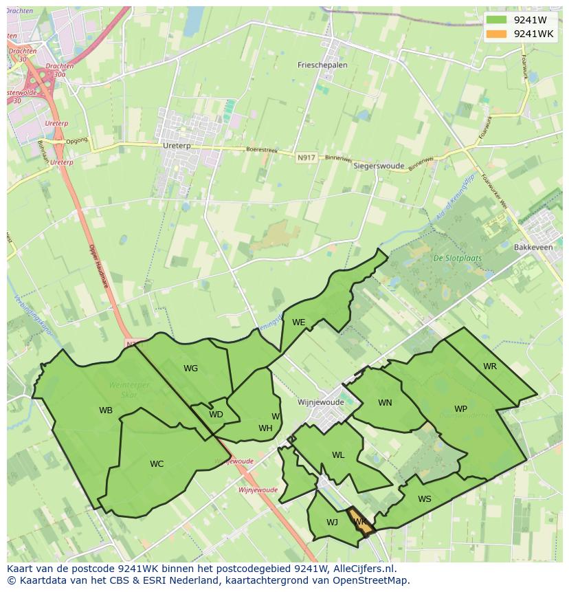 Afbeelding van het postcodegebied 9241 WK op de kaart.