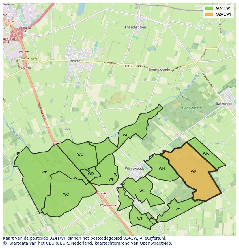 Afbeelding van het postcodegebied 9241 WP op de kaart.