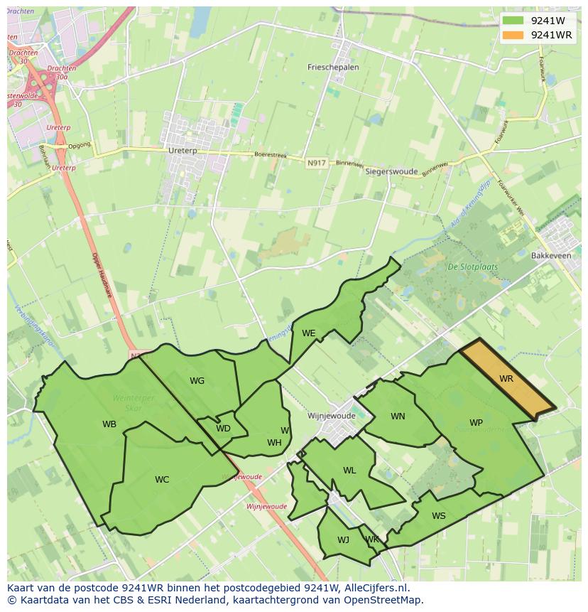 Afbeelding van het postcodegebied 9241 WR op de kaart.
