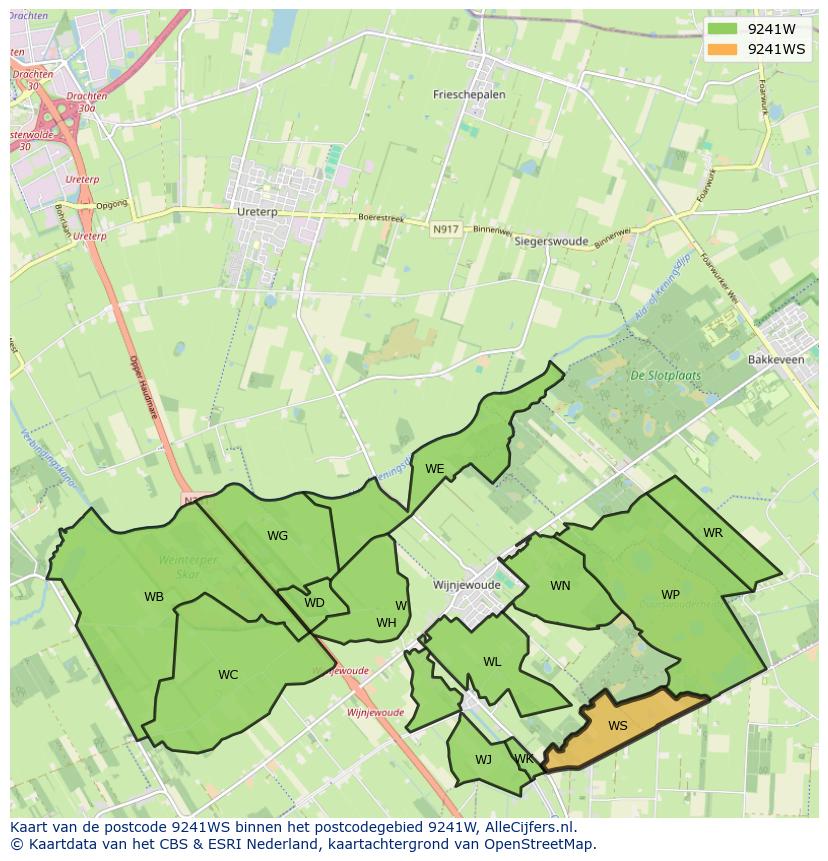 Afbeelding van het postcodegebied 9241 WS op de kaart.