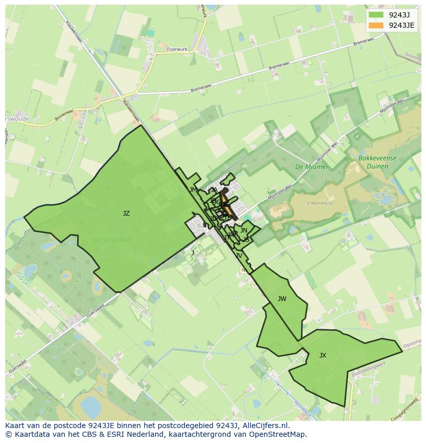 Afbeelding van het postcodegebied 9243 JE op de kaart.