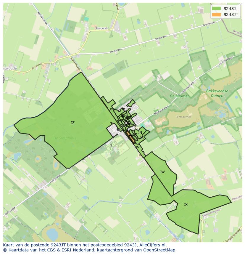 Afbeelding van het postcodegebied 9243 JT op de kaart.