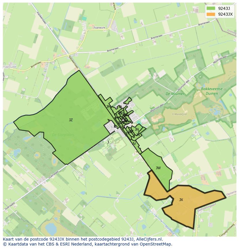 Afbeelding van het postcodegebied 9243 JX op de kaart.