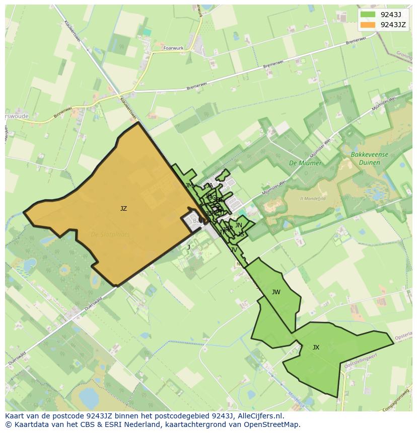 Afbeelding van het postcodegebied 9243 JZ op de kaart.
