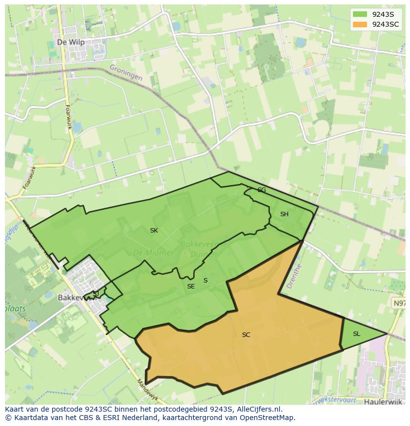 Afbeelding van het postcodegebied 9243 SC op de kaart.