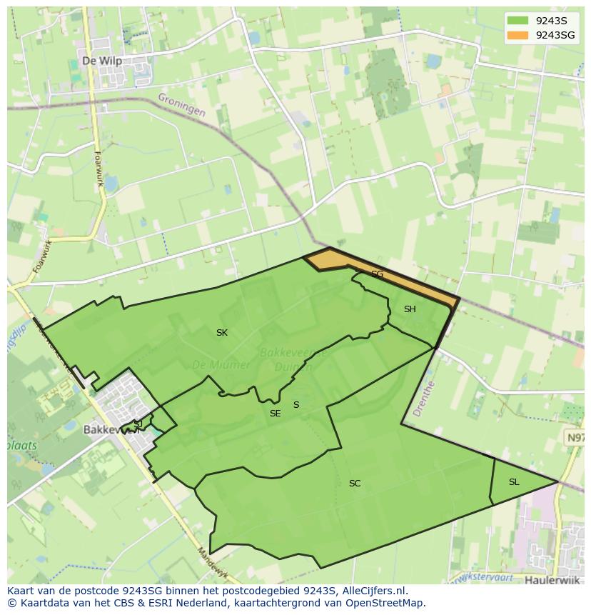 Afbeelding van het postcodegebied 9243 SG op de kaart.