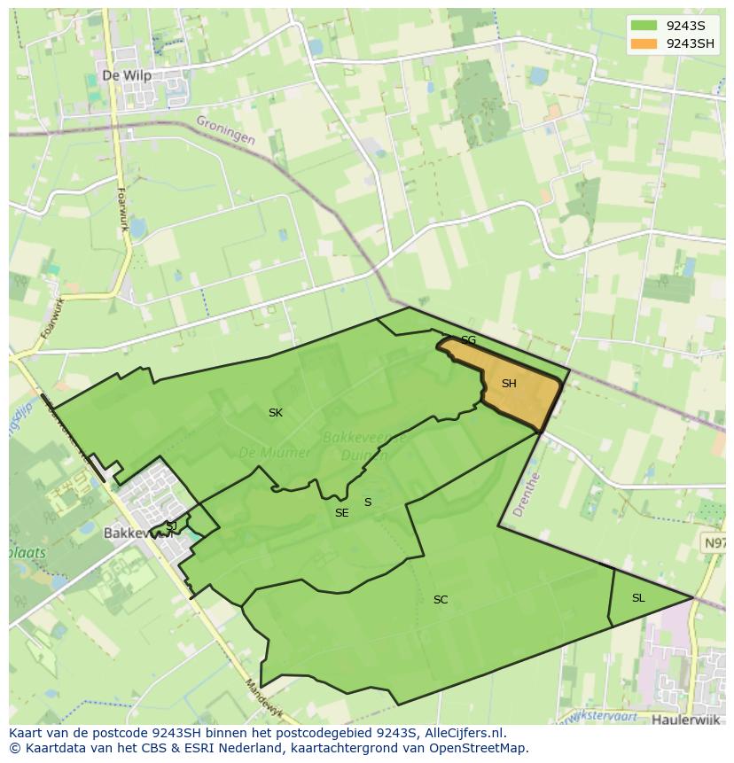Afbeelding van het postcodegebied 9243 SH op de kaart.