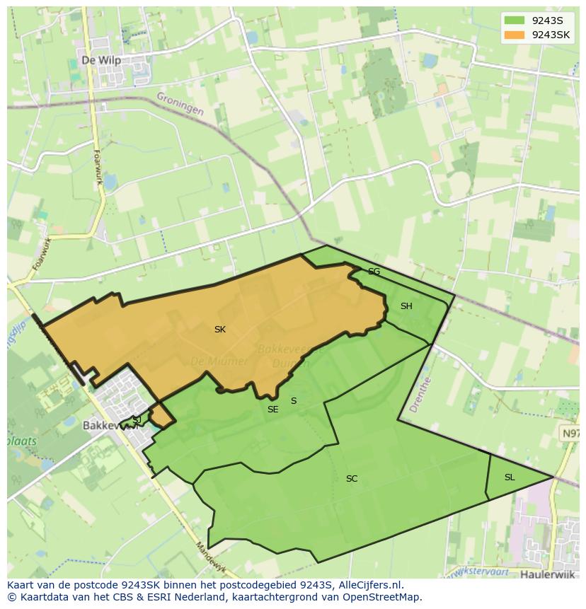 Afbeelding van het postcodegebied 9243 SK op de kaart.