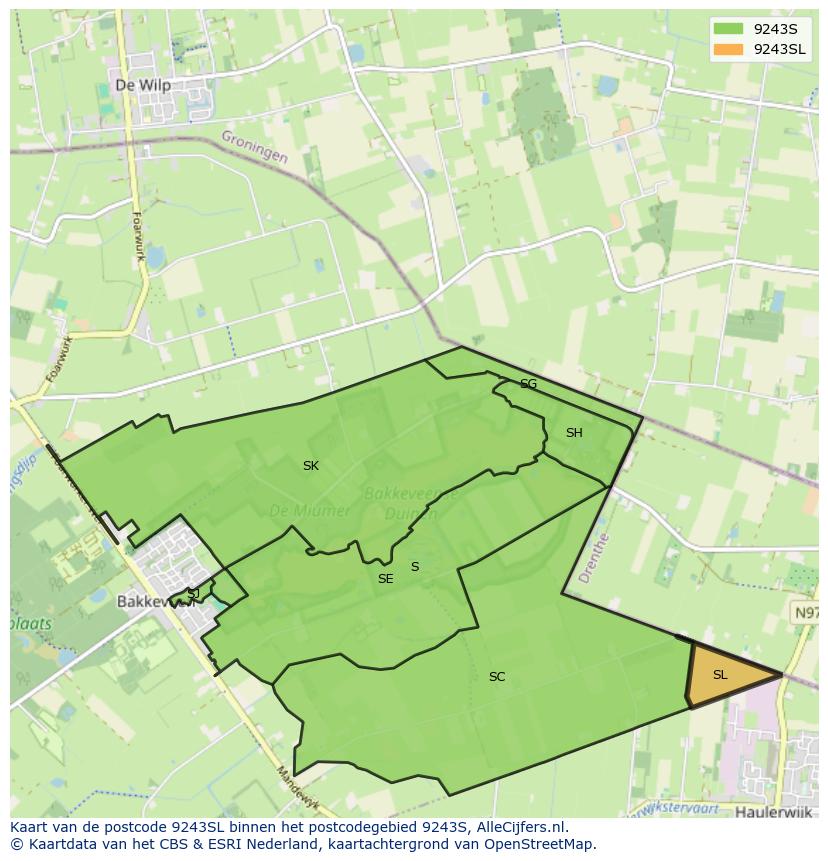 Afbeelding van het postcodegebied 9243 SL op de kaart.