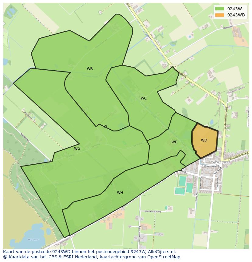 Afbeelding van het postcodegebied 9243 WD op de kaart.