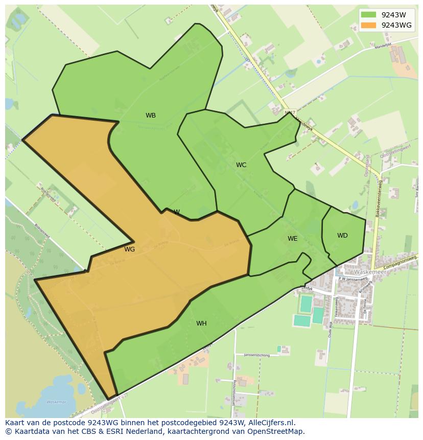Afbeelding van het postcodegebied 9243 WG op de kaart.