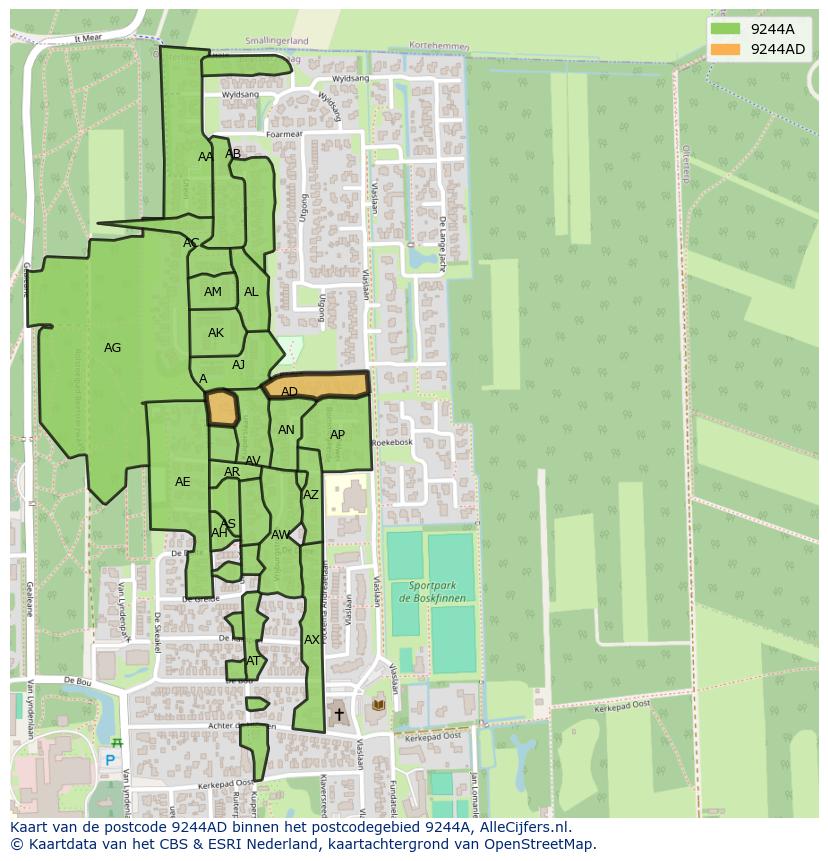 Afbeelding van het postcodegebied 9244 AD op de kaart.
