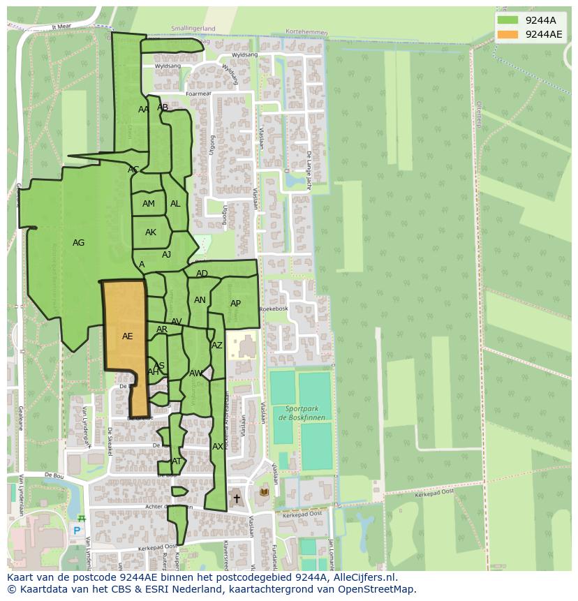 Afbeelding van het postcodegebied 9244 AE op de kaart.