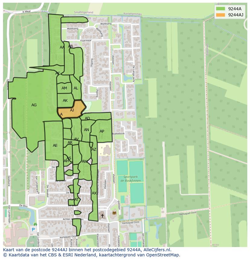 Afbeelding van het postcodegebied 9244 AJ op de kaart.