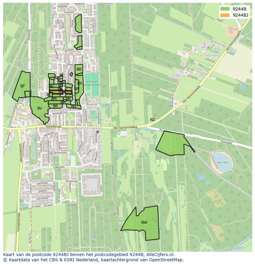 Afbeelding van het postcodegebied 9244 BJ op de kaart.