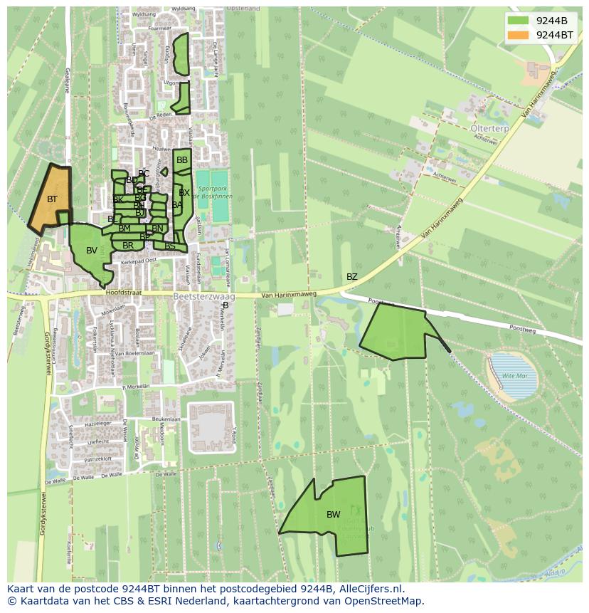 Afbeelding van het postcodegebied 9244 BT op de kaart.