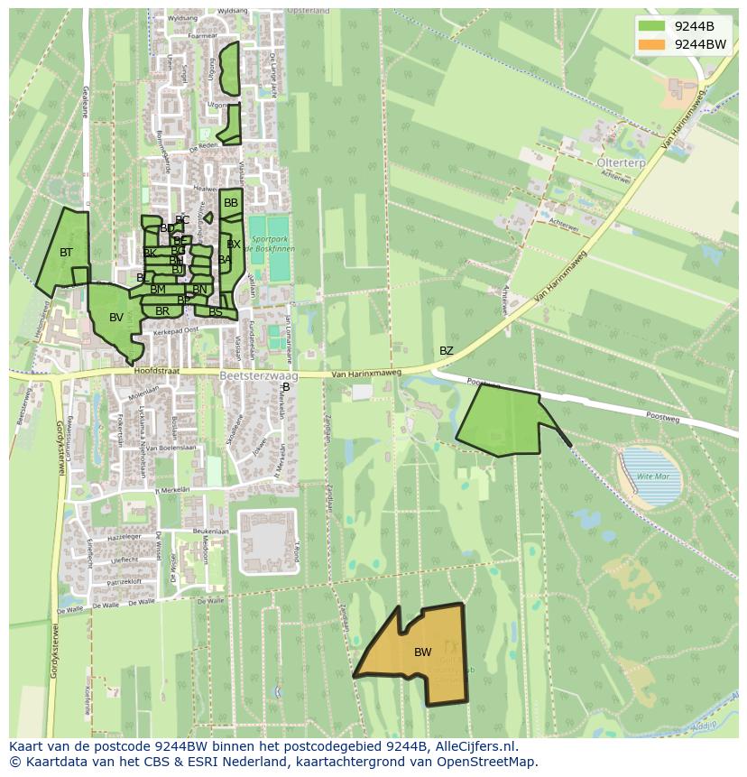 Afbeelding van het postcodegebied 9244 BW op de kaart.