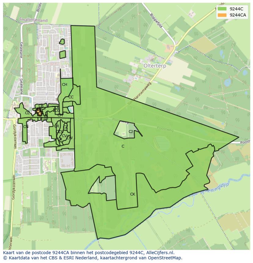 Afbeelding van het postcodegebied 9244 CA op de kaart.