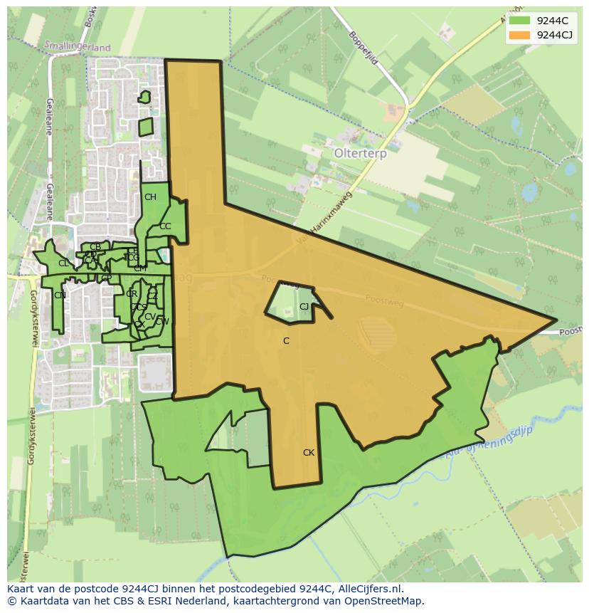 Afbeelding van het postcodegebied 9244 CJ op de kaart.