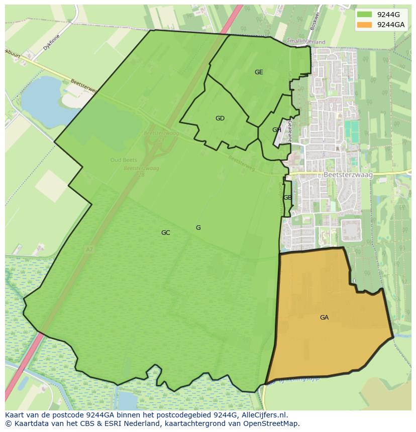 Afbeelding van het postcodegebied 9244 GA op de kaart.