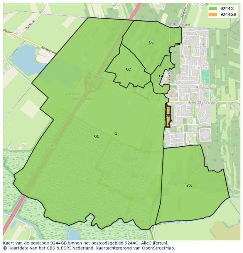 Afbeelding van het postcodegebied 9244 GB op de kaart.