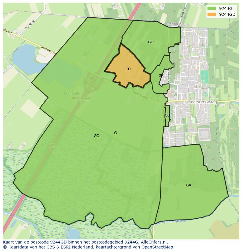 Afbeelding van het postcodegebied 9244 GD op de kaart.
