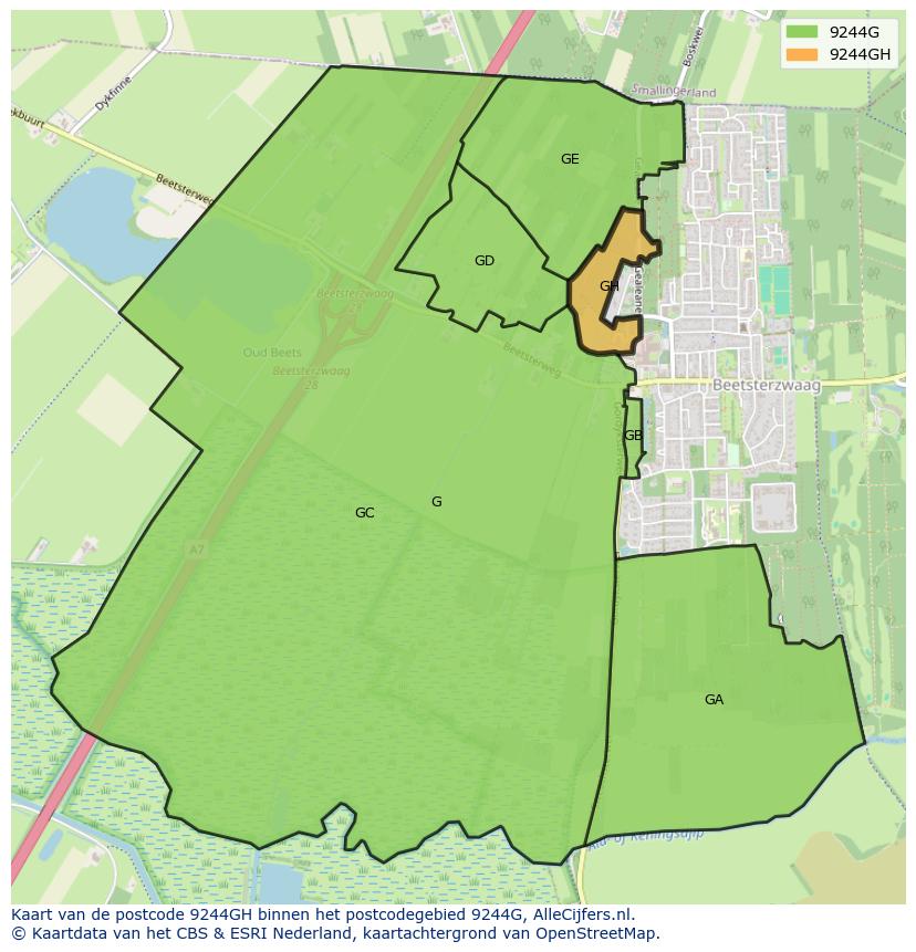 Afbeelding van het postcodegebied 9244 GH op de kaart.