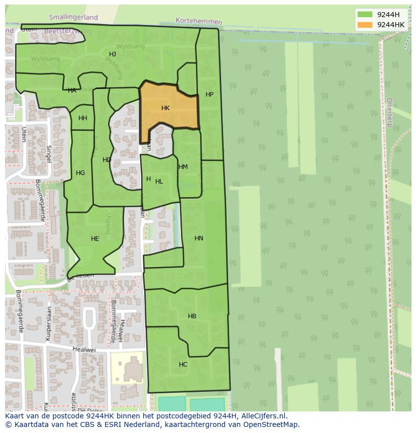 Afbeelding van het postcodegebied 9244 HK op de kaart.