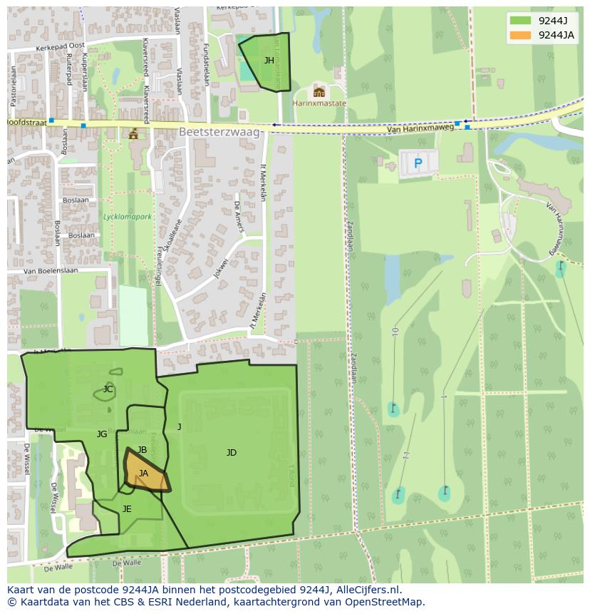 Afbeelding van het postcodegebied 9244 JA op de kaart.