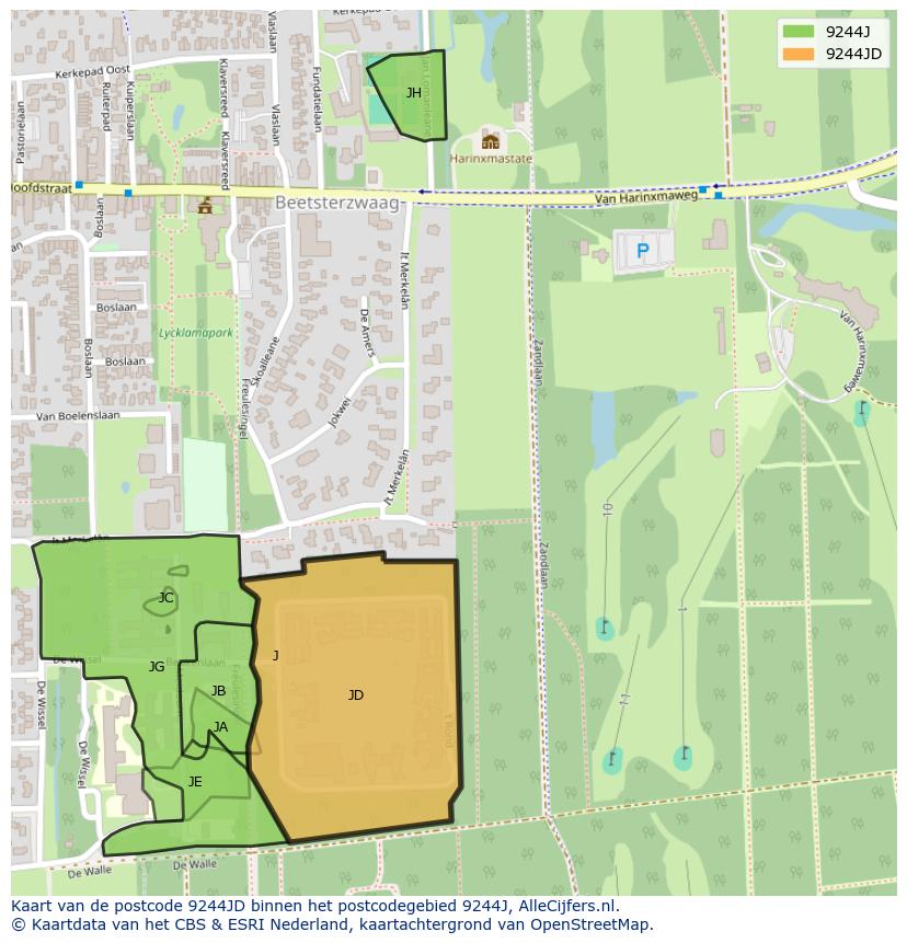 Afbeelding van het postcodegebied 9244 JD op de kaart.