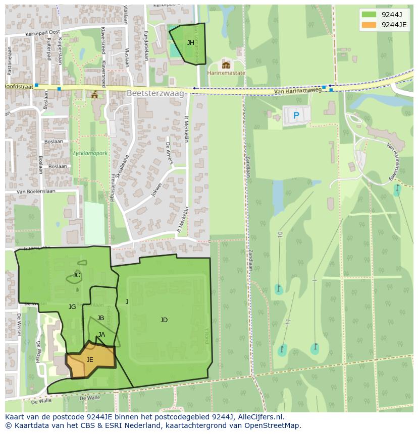 Afbeelding van het postcodegebied 9244 JE op de kaart.