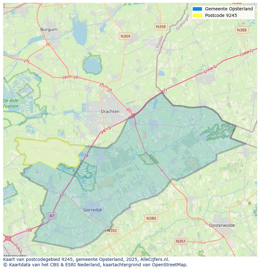 Afbeelding van het postcodegebied 9245 op de kaart.