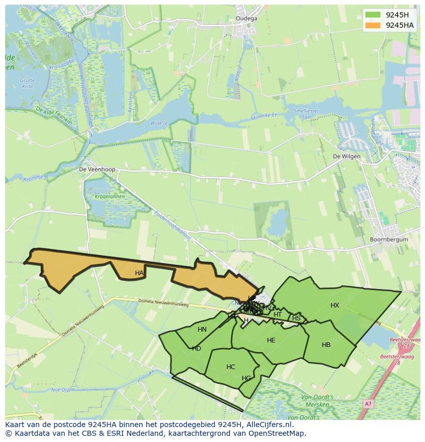 Afbeelding van het postcodegebied 9245 HA op de kaart.