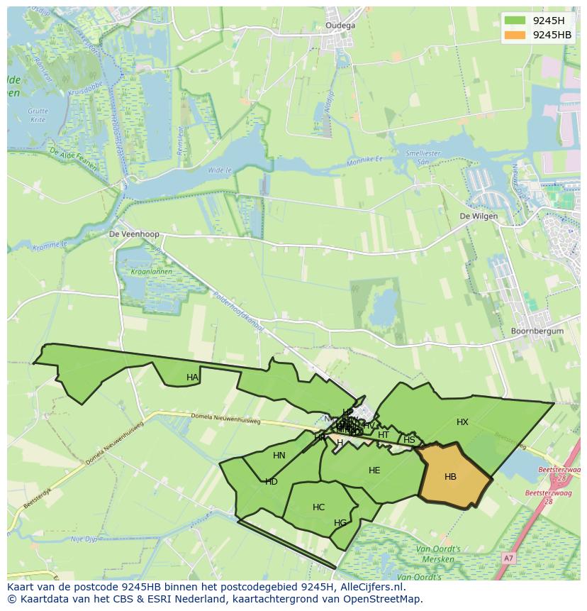 Afbeelding van het postcodegebied 9245 HB op de kaart.