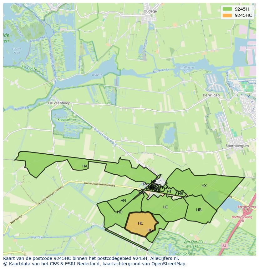 Afbeelding van het postcodegebied 9245 HC op de kaart.