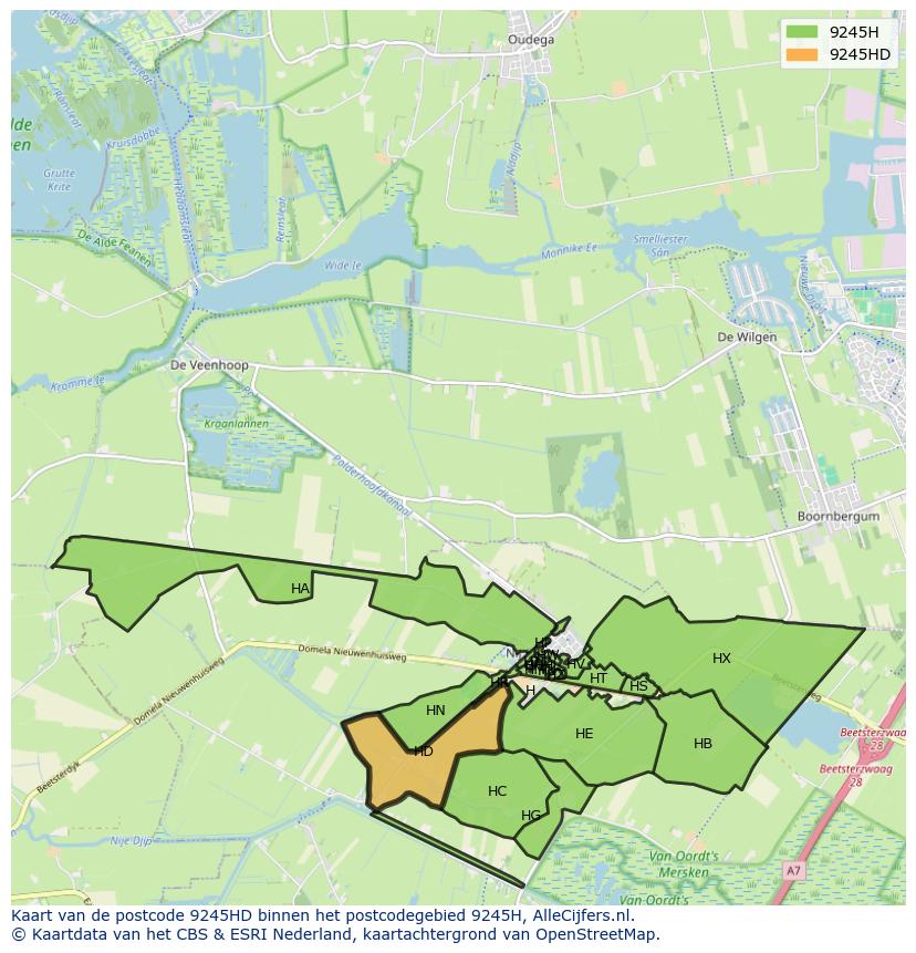 Afbeelding van het postcodegebied 9245 HD op de kaart.