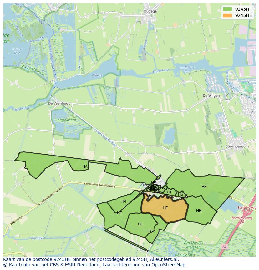 Afbeelding van het postcodegebied 9245 HE op de kaart.