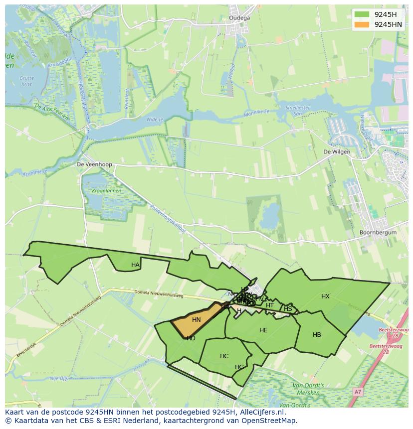 Afbeelding van het postcodegebied 9245 HN op de kaart.