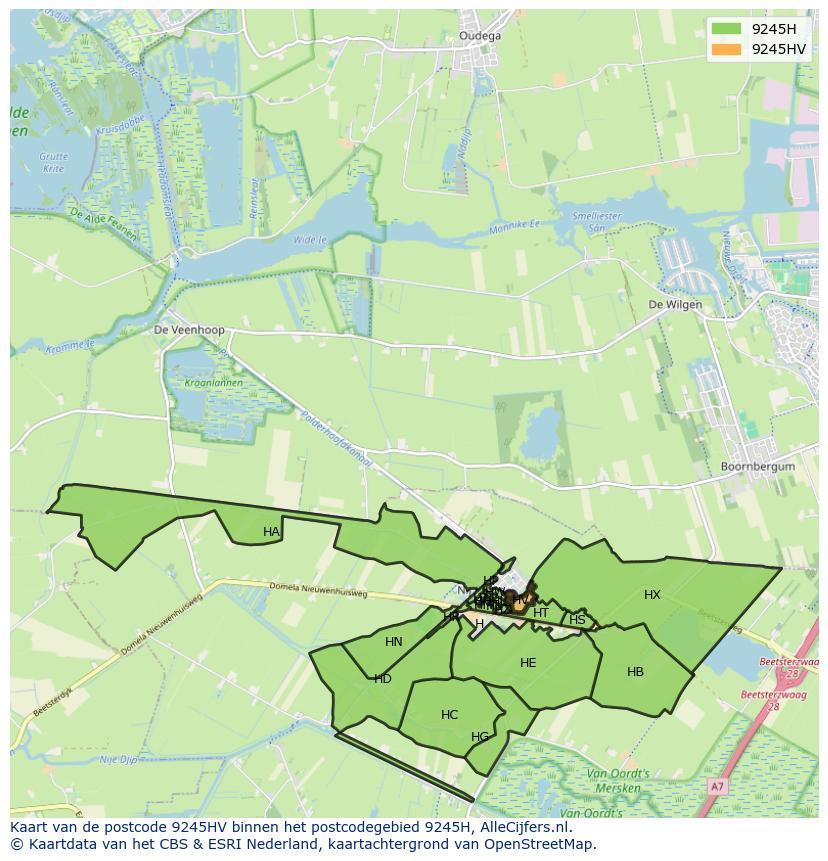 Afbeelding van het postcodegebied 9245 HV op de kaart.