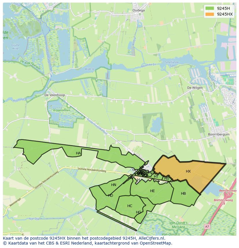 Afbeelding van het postcodegebied 9245 HX op de kaart.